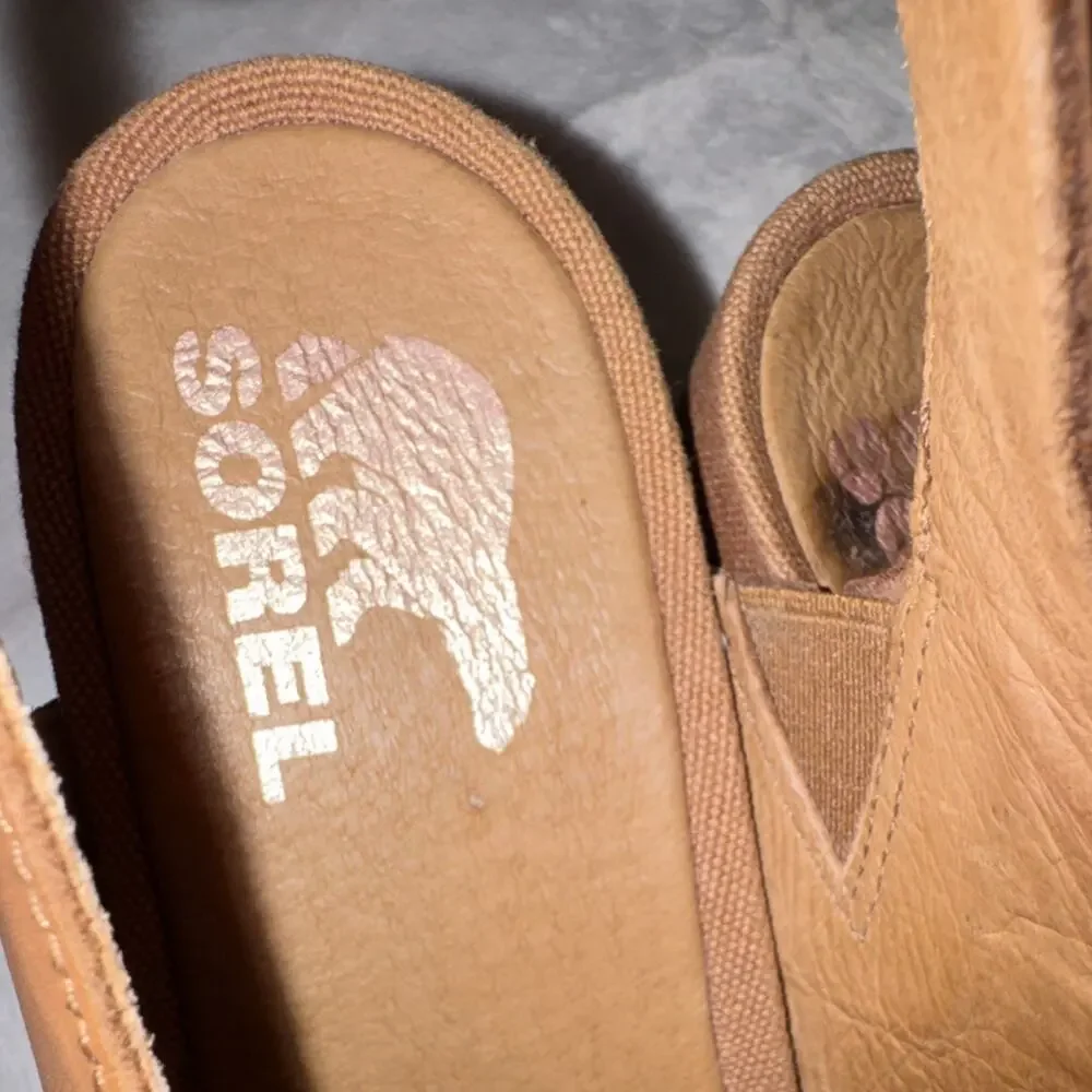 Sorel Joanie Li Leather Wedge Sandals Brown Beige‎ Hook & Loop Women US 10